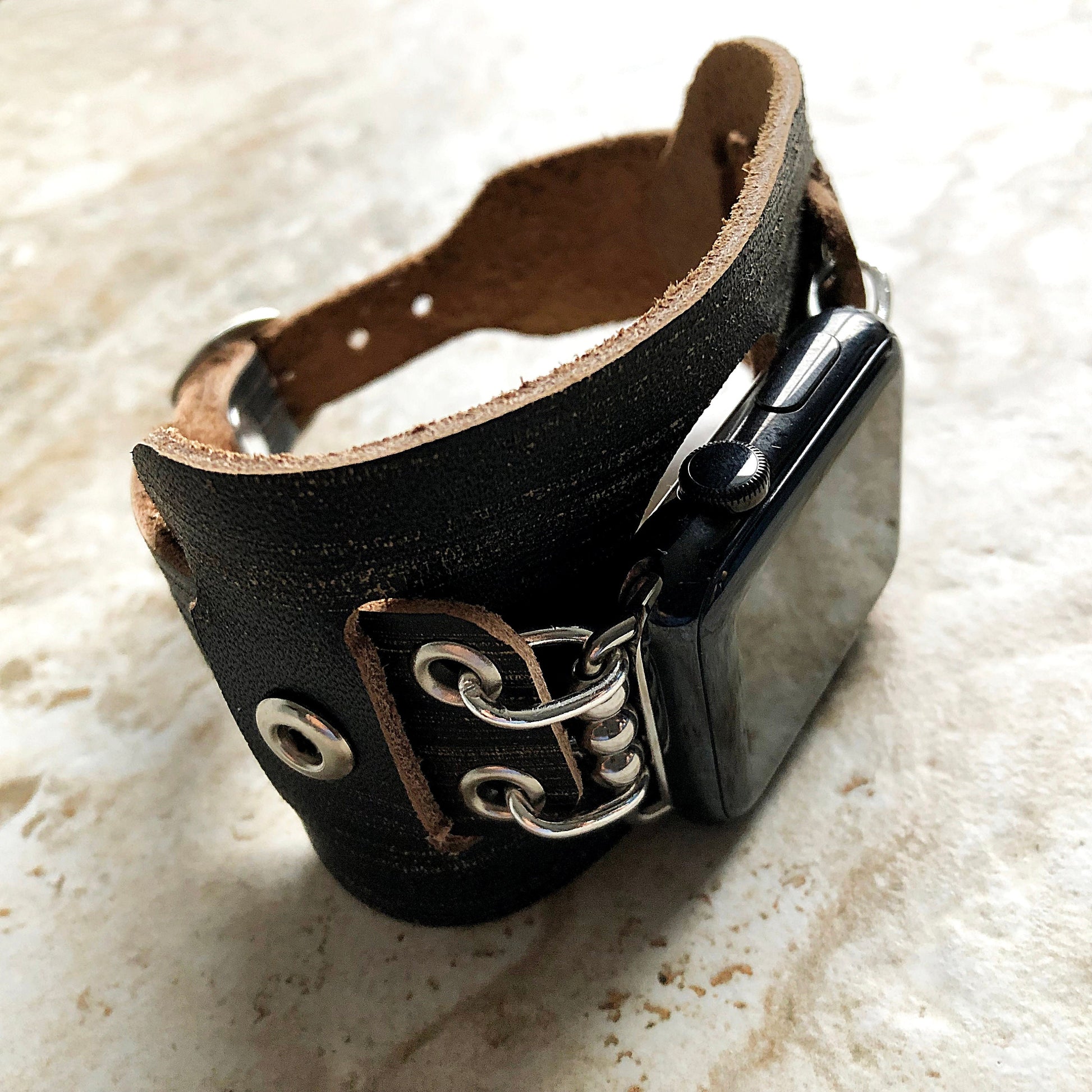 Apple Watch Cuff Black Brushed Genuine Leather Band for iWatch Ultra 2 49mm and 9 8 Series 41mm 45mm Case Handmade Strap Bracelet Wristband