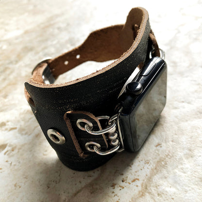 Apple Watch Cuff Black Brushed Genuine Leather Band for iWatch Ultra 2 49mm and 9 8 Series 41mm 45mm Case Handmade Strap Bracelet Wristband