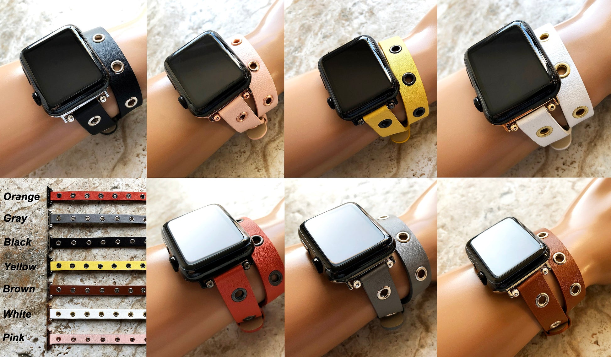Apple Watch Ultra 2 9 8 7 6 SE 5 4 3 2 1 Series 38mm 40 41 42mm 44mm 45mm 49mm Double Wrap Strap with Grommets Leather Bracelet Fashion Band