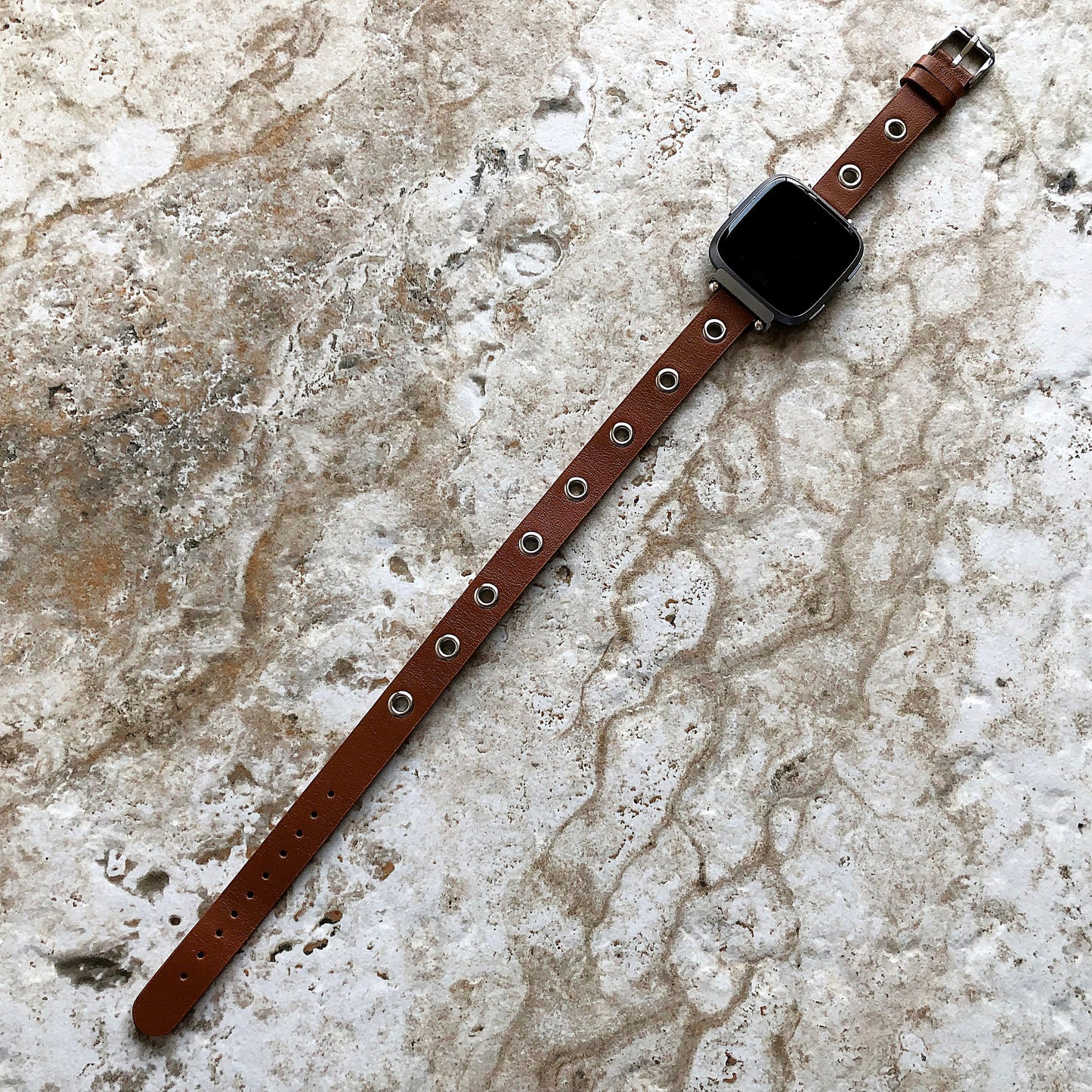 Fitbit Grommets Band for Versa 2 3 4 Sense 2 Brown Eco Leather Watch Strap Double Wrap Around Wrist Bracelet Silver Rose Gold Black Buckle