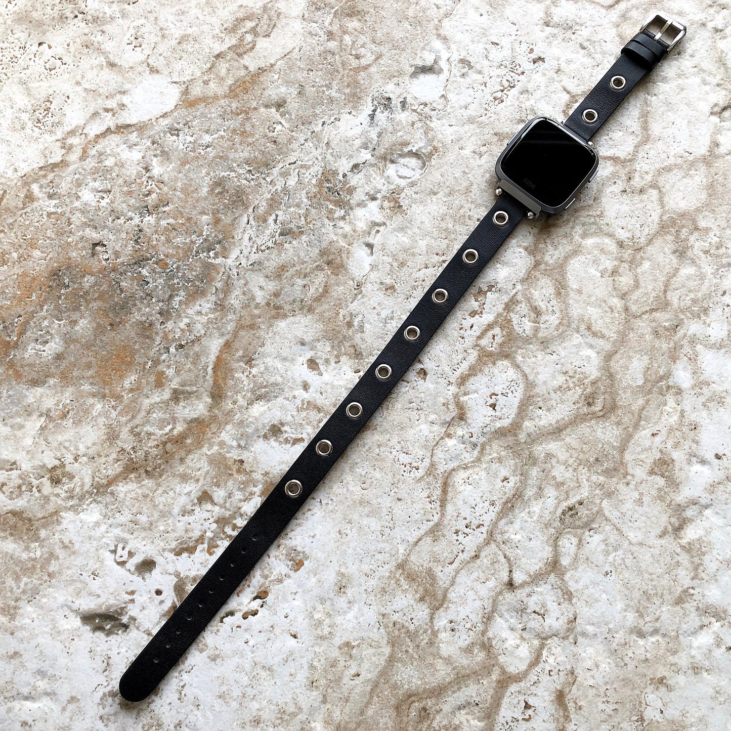 Fitbit Grommets Band for Versa 2 3 4 Sense 2 Black Eco Leather Watch Strap Double Wrap Around Wrist Bracelet Silver Rose Gold Black Buckle