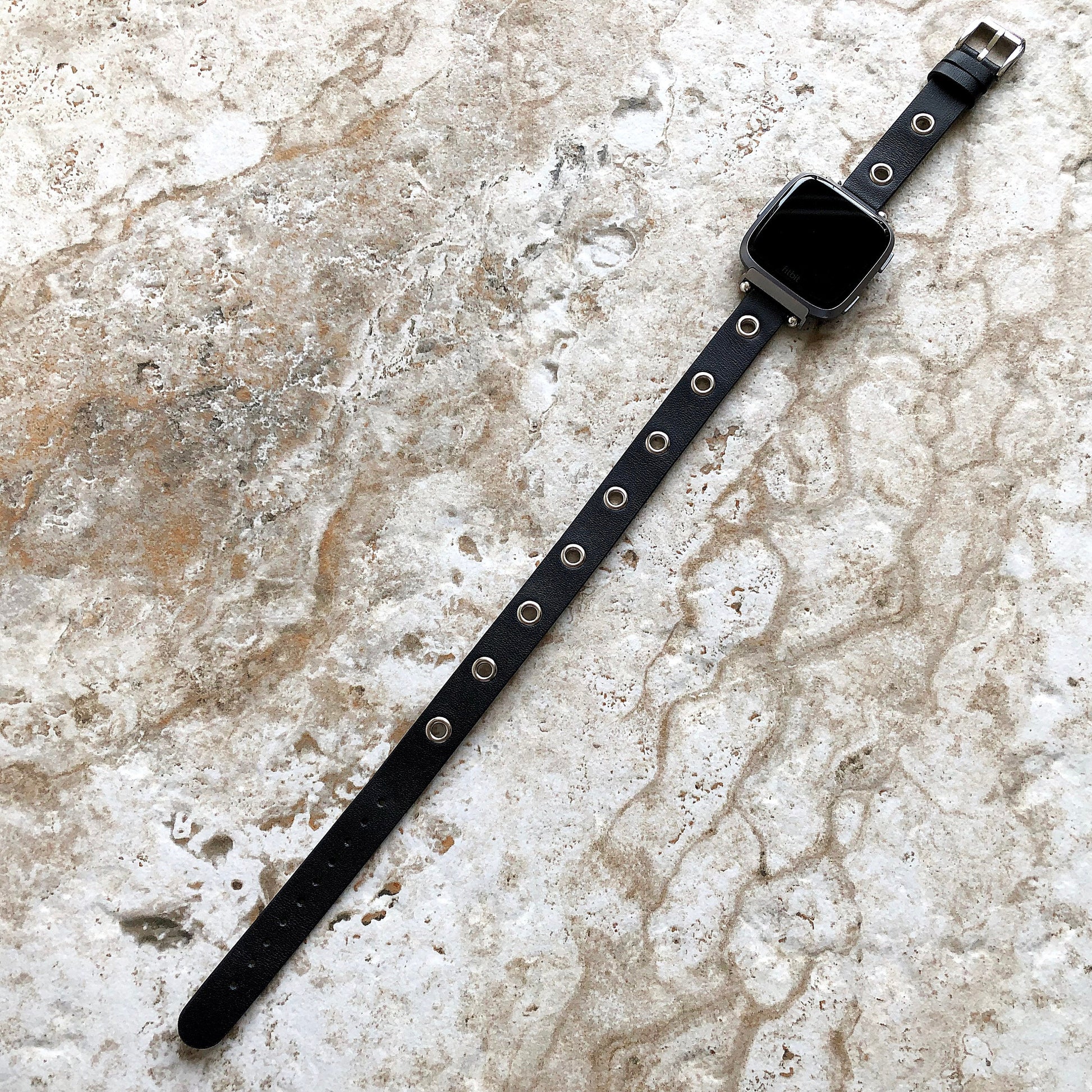 Fitbit Grommets Band for Versa 2 3 4 Sense 2 Black Eco Leather Watch Strap Double Wrap Around Wrist Bracelet Silver Rose Gold Black Buckle