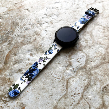 Blue Floral FL-2 Band for Samsung Watch 7 6 5 4 40mm 44mm 45mm Classic 42mm 43 46mm 47mm Leather Bracelet Strap with Quick Release Pins P20