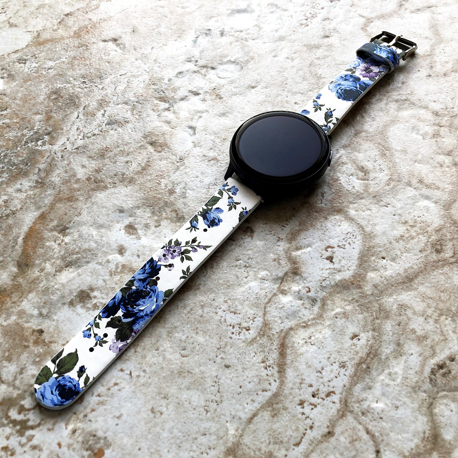 Samsung FL-2 Band for Galaxy Watch Active 2 40mm 42mm 44mm Soft Blue Floral Bracelet Cuff Leather Wristband Strap with Quick Release Pins