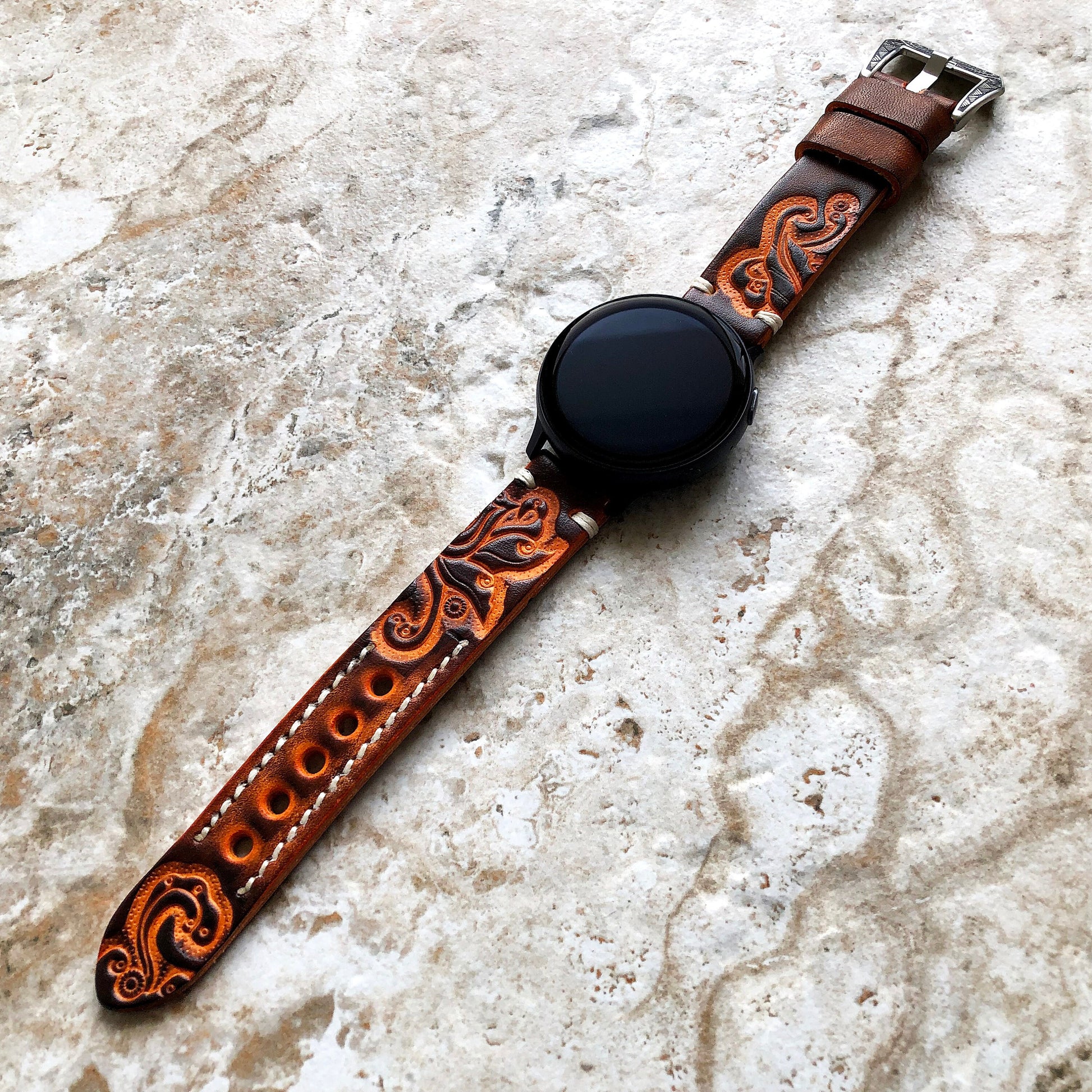 Brown & Orange Leather Band Samsung Galaxy Watch 3 Active 2 40mm 41mm 42mm 44mm Case Tooled Embossed Bracelet Wristband Strap Pins Tool B20