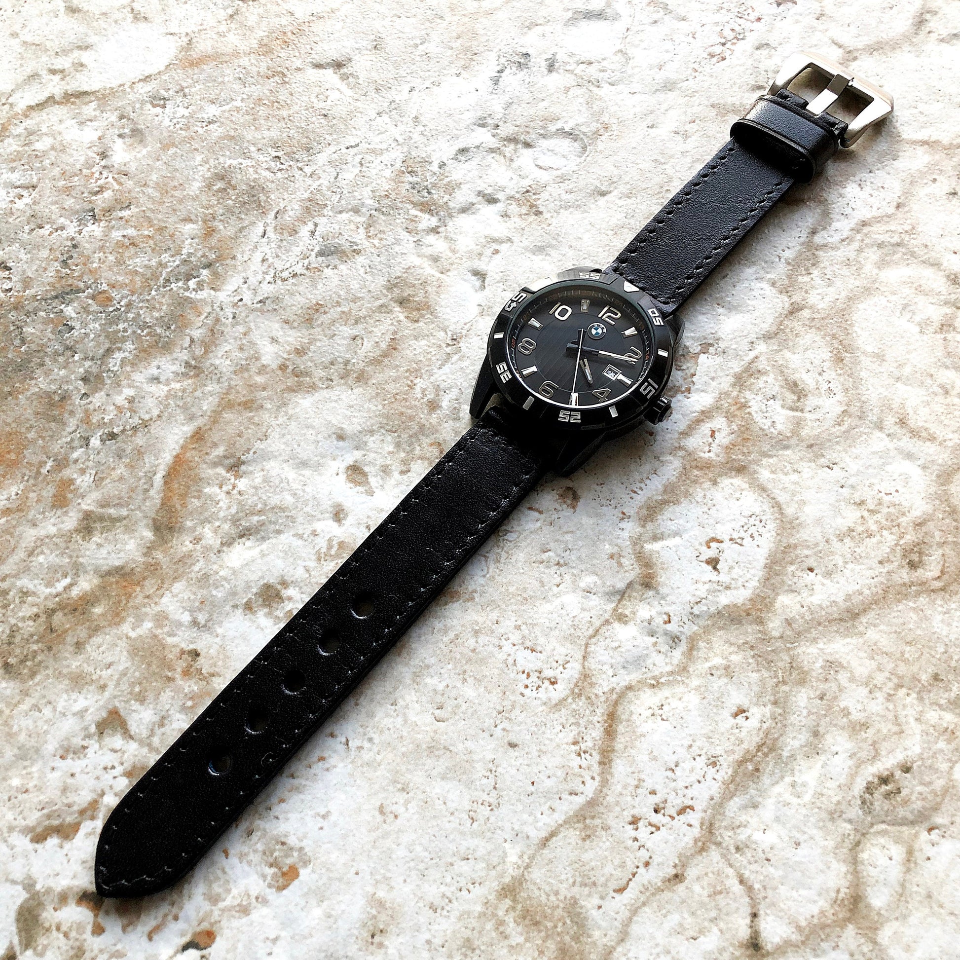 Black Color 20mm 22mm 24mm Width Handmade Double Sided Stitched Premium Genuine Leather Watch Band Strap Kit for Watches - Pins Buckle Tool