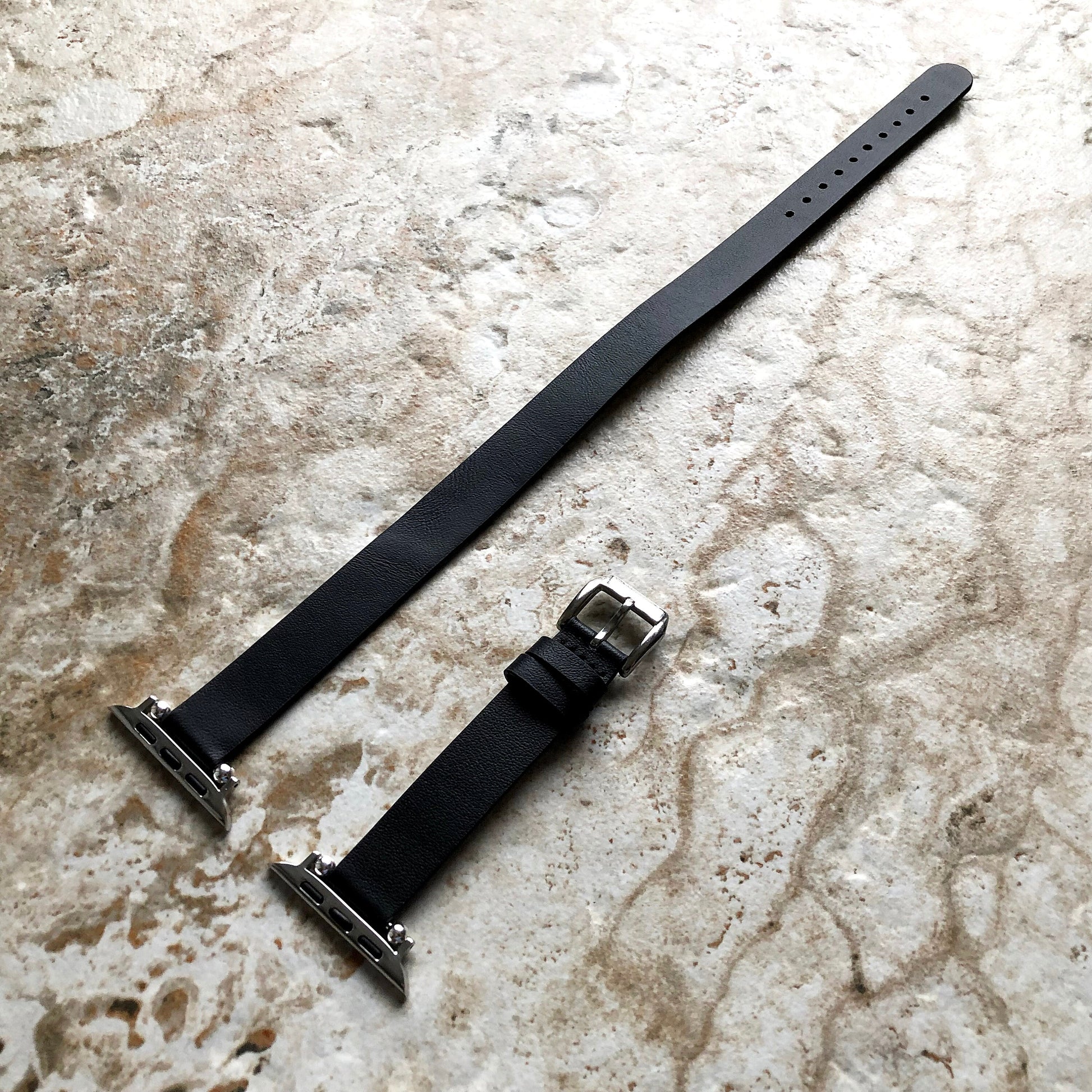 Apple Watch Black Double Wrap Around Wrist Leather Band for iWatch Ultra 2 49mm and 9 8 Series 41mm 45mm Case Twice Bracelet Strap