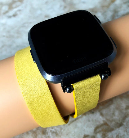 Fitbit Versa 2 3 4 Sense 2 Yellow Soft Band Double Wrap Around Wrist Eco Vegan Leather Watch Strap Twice Bracelet in Silver Rose Gold Black