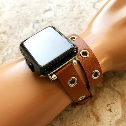 Apple Watch Ultra 2 9 8 7 6 SE 5 4 3 2 1 Series 38mm 40 41 42mm 44mm 45mm 49mm Double Wrap Strap with Grommets Leather Bracelet Fashion Band
