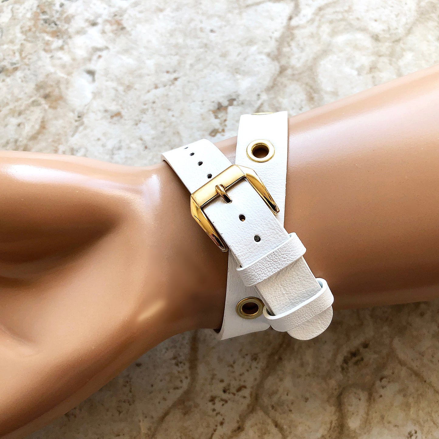 Fitbit Grommets Band for Versa 2 3 4 Sense 2 White Eco Leather Watch Strap Double Wrap Around Wrist Bracelet Silver Rose Gold Black Buckle