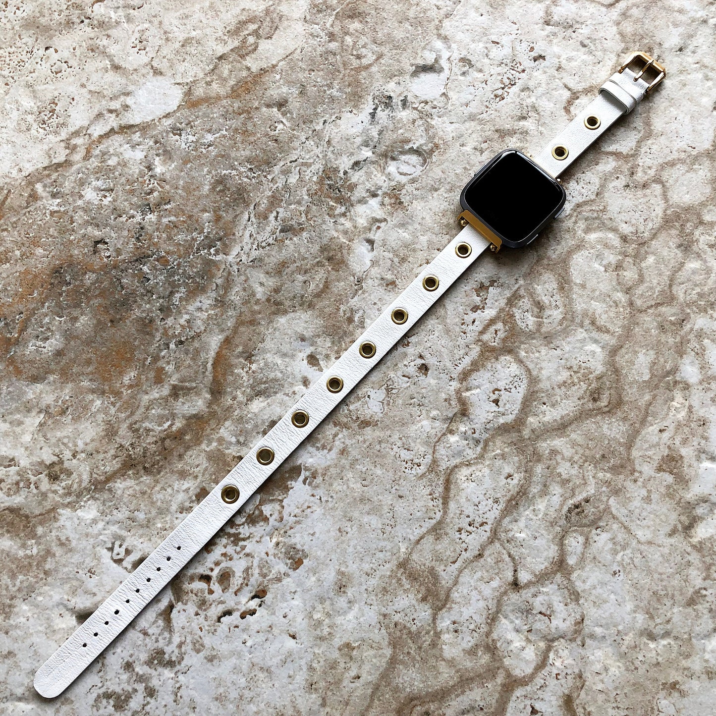 Fitbit Grommets Band for Versa 2 3 4 Sense 2 White Eco Leather Watch Strap Double Wrap Around Wrist Bracelet Silver Rose Gold Black Buckle