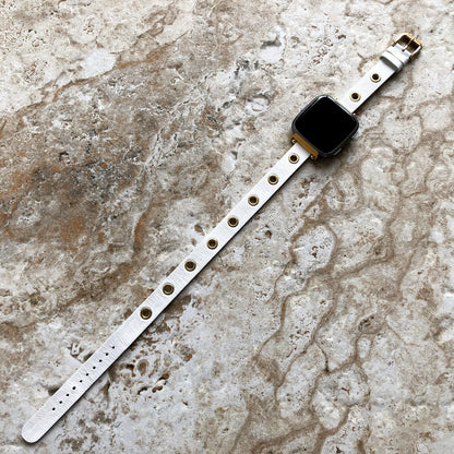 Fitbit Grommets Band for Versa 2 3 4 Sense 2 White Eco Leather Watch Strap Double Wrap Around Wrist Bracelet Silver Rose Gold Black Buckle
