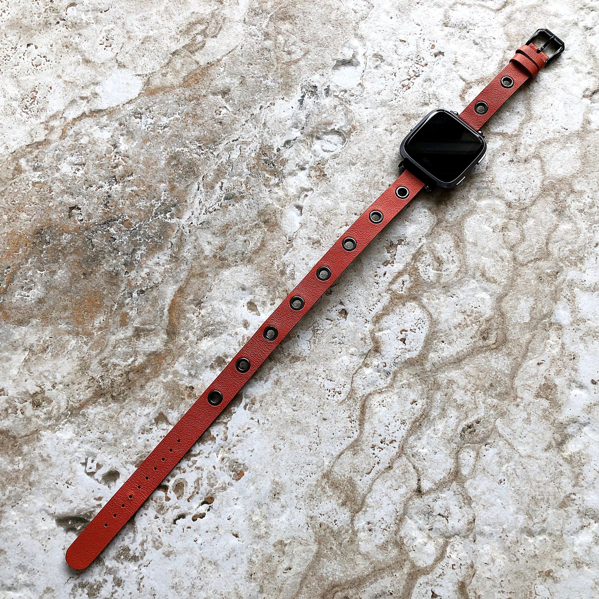 Fitbit Grommets Band for Versa 2 3 4 Sense 2 Orange Eco Leather Watch Strap Double Wrap Around Wrist Bracelet Silver Rose Gold Black Buckle