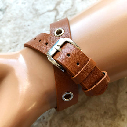 Fitbit Grommets Band for Versa 2 3 4 Sense 2 Brown Eco Leather Watch Strap Double Wrap Around Wrist Bracelet Silver Rose Gold Black Buckle