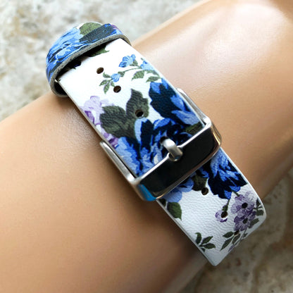 Samsung FL-2 Band for Galaxy Watch Active 2 40mm 42mm 44mm Soft Blue Floral Bracelet Cuff Leather Wristband Strap with Quick Release Pins