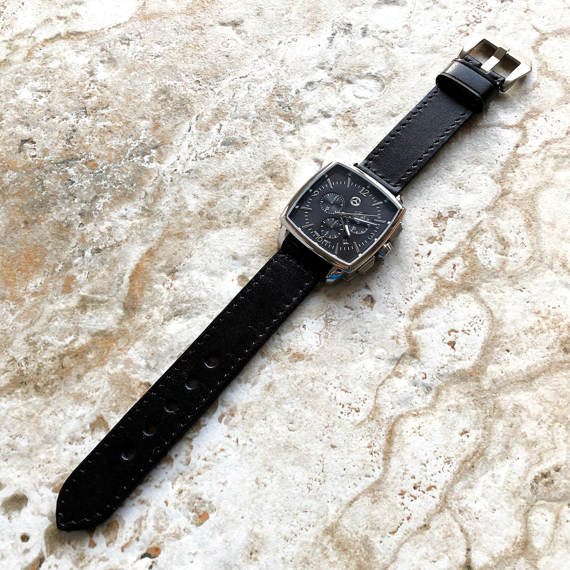 Black Color 20mm 22mm 24mm Width Handmade Double Sided Stitched Premium Genuine Leather Watch Band Strap Kit for Watches - Pins Buckle Tool