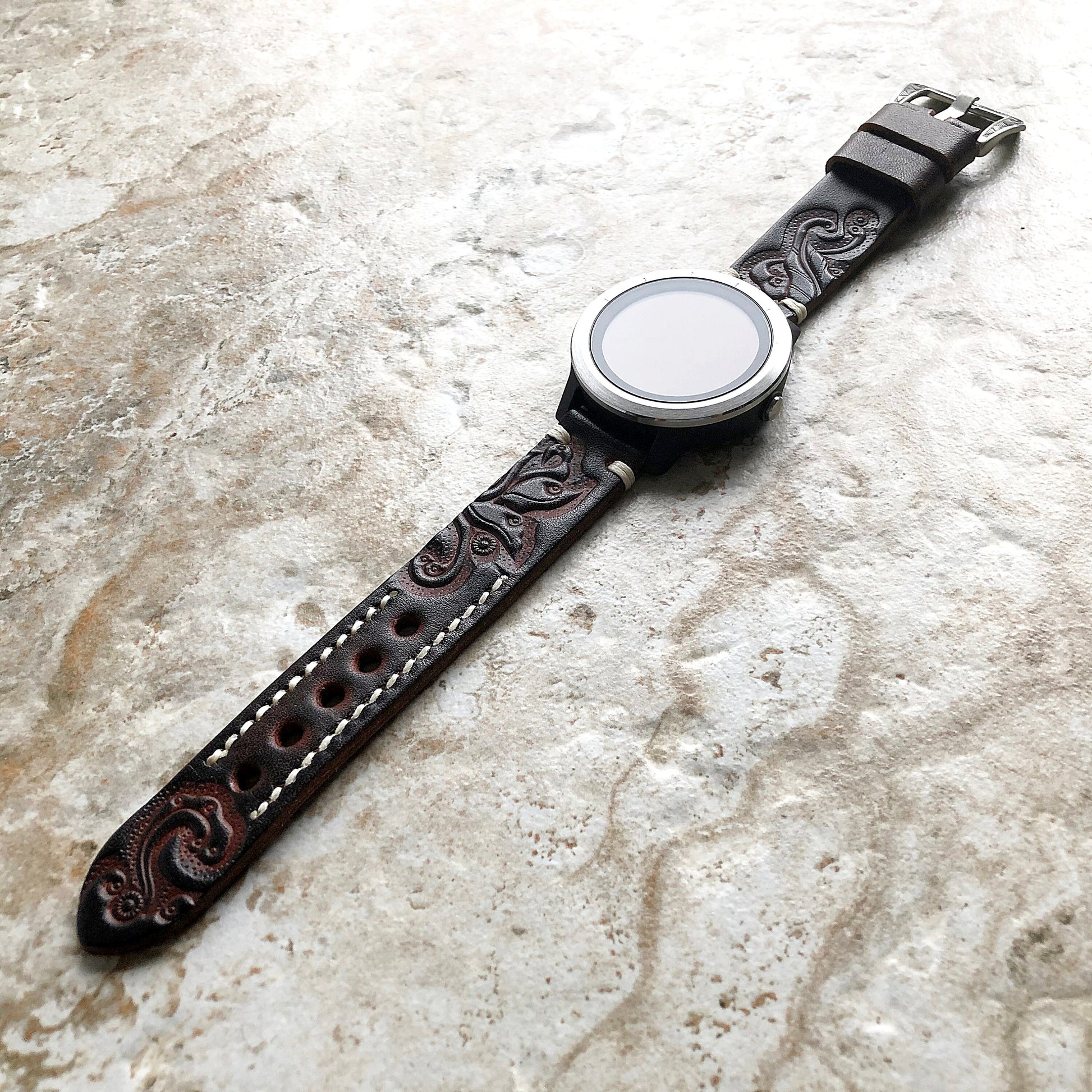 Garmin Dark Brown Band for Venu GPS Smartwatch Tooled Embossed Carved Engraved Handmade Premium Leather Strap Bracelet Pins Buckle Tool T20