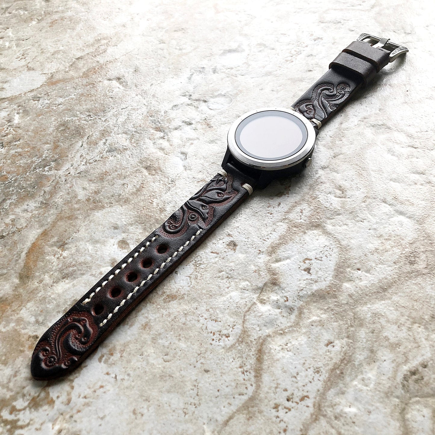 Dark Brown Band Compatible with Garmin D2 Air X10 Venu 2 Plus Venu Sq 2 Music Tooled Embossed Handmade Leather Strap Pins Buckle Tool B20
