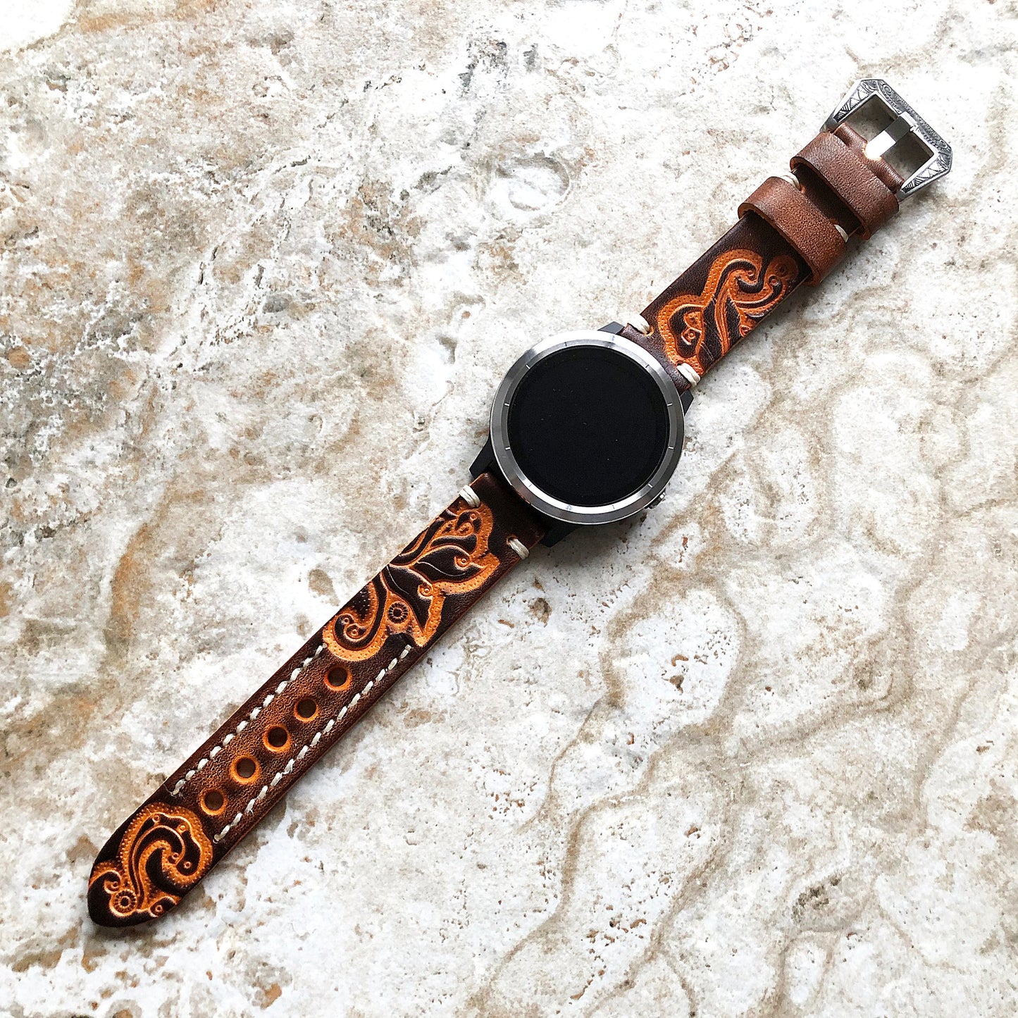 Brown & Orange Band Compatible with Garmin D2 Air X10 Venu 2 Plus and Venu Sq 2 Music Embossed Handmade Leather Strap Pins Buckle Tool B20