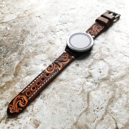 Brown & Orange Band Compatible with Garmin D2 Air X10 Venu 2 Plus and Venu Sq 2 Music Embossed Handmade Leather Strap Pins Buckle Tool B20