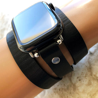 Apple Black Color Triple Wrap Around Wrist Leather Band for iWatch All Series Edition 38mm 40mm 41mm 42mm 44mm 45mm 49mm Case Bracelet Strap