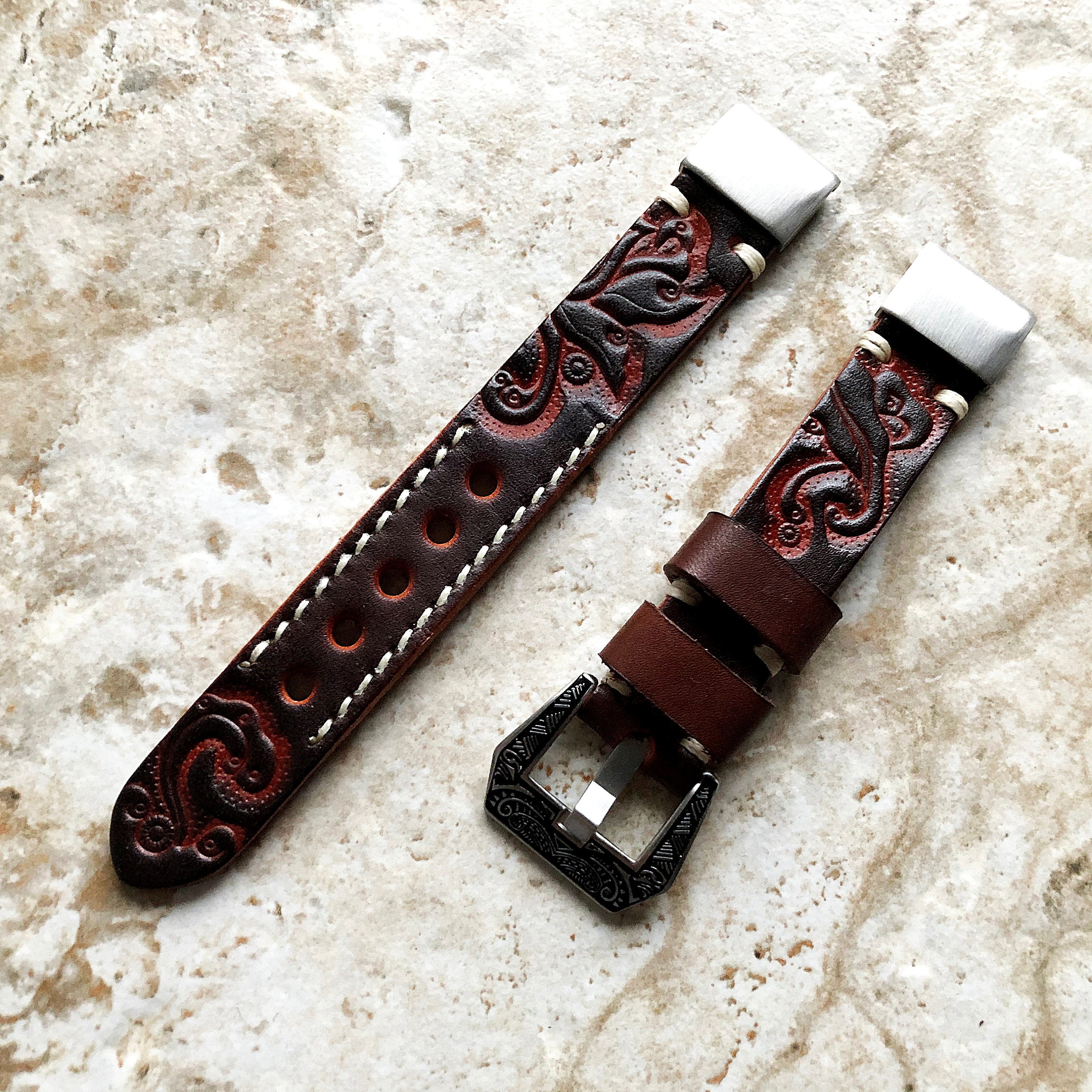 Garmin Dark Brown Band for epix Pro Gen 2 42mm and fenix 6S Pro 5S fenix 5S Plus Tooled Embossed Handmade Leather Quick Fit Strap A20B18