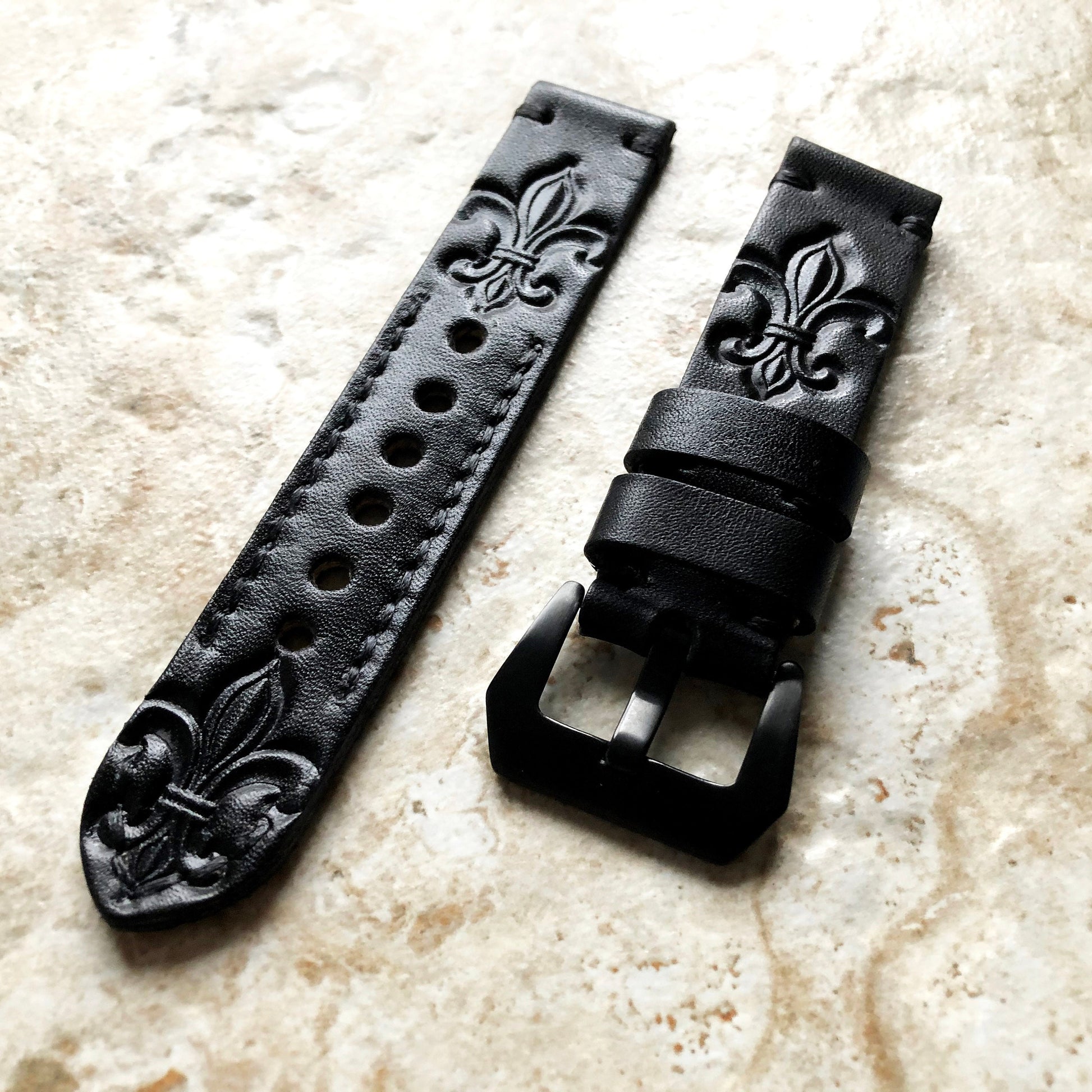 Fleur De Lis Band 22mm 24mm 25mm Genuine Real Leather Compatible with Apple Watch Fitbit Versa 2 3 4 Sense 2 Ionic Tooled Embossed Strap