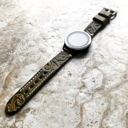 Garmin Green and Yellow Band for Approach S12 S40 S42 CT10 Bundle Models Tooled Embossed Handmade Leather Bracelet Pins Buckle Tool B20