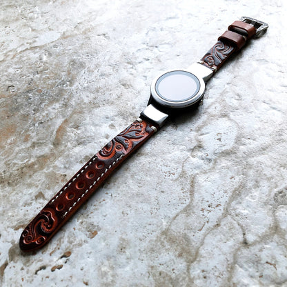 Garmin Brown and Orange Band for fenix 8 43mm 7S Pro Solar Sapphire fenix 6S Pro Sapphire Tooled Embossed Leather Quick Fit Strap A20-B18