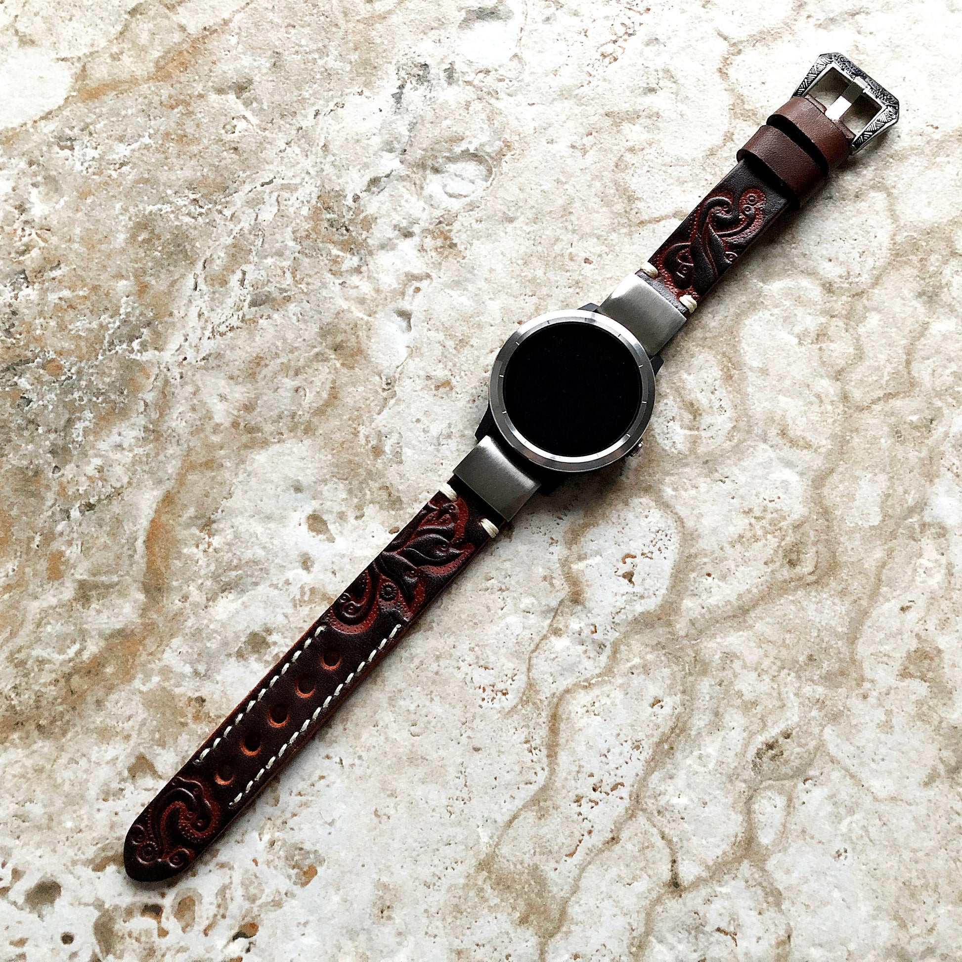 Dark Brown Garmin Band for D2 Mach 1 Delta Approach Instinct 2 Forerunner Descent G1 Embossed Leather Bracelet Strap Quick Fit Bands A22-B20