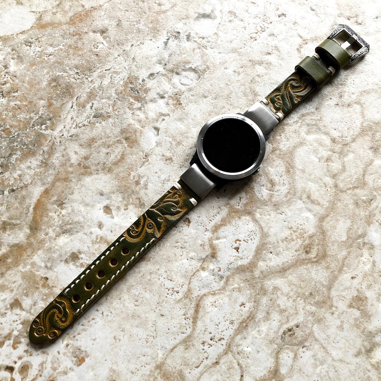 Garmin Green and Yellow Band for epix Pro Gen 2 42mm and fenix 6S Pro 5S fenix 5S Plus Tooled Embossed Leather Quick Fit Watch Strap A20-B18