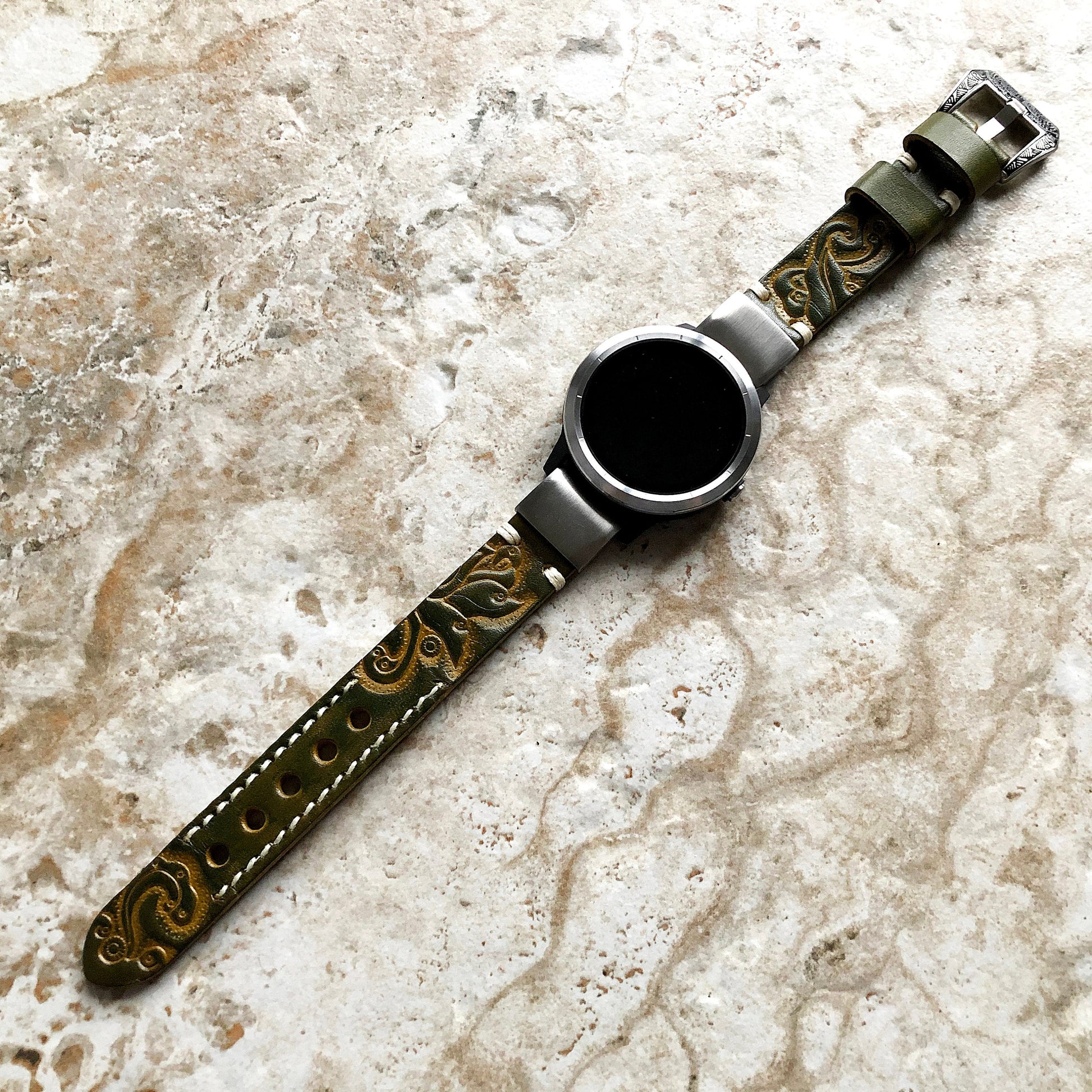 Garmin Green and Yellow Band for epix Pro Gen 2 42mm and fenix 6S Pro 5S fenix 5S Plus Tooled Embossed Leather Quick Fit Watch Strap A20-B18