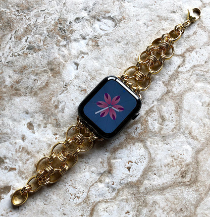 New Apple Watch Bracelet Band Concave Chain Link Stainless Steel Gold Color for iWatch Ultra 2 49mm and 9 8 Series 41mm 45mm Handmade Strap