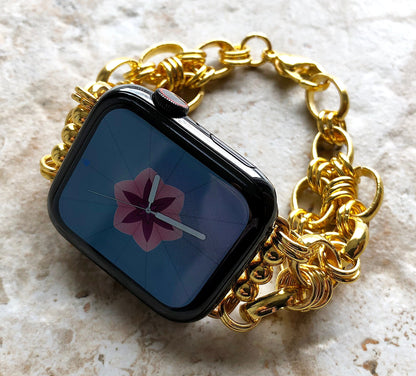 New Apple Watch Bracelet Band Concave Chain Link Stainless Steel Gold Color for iWatch Ultra 2 49mm and 9 8 Series 41mm 45mm Handmade Strap