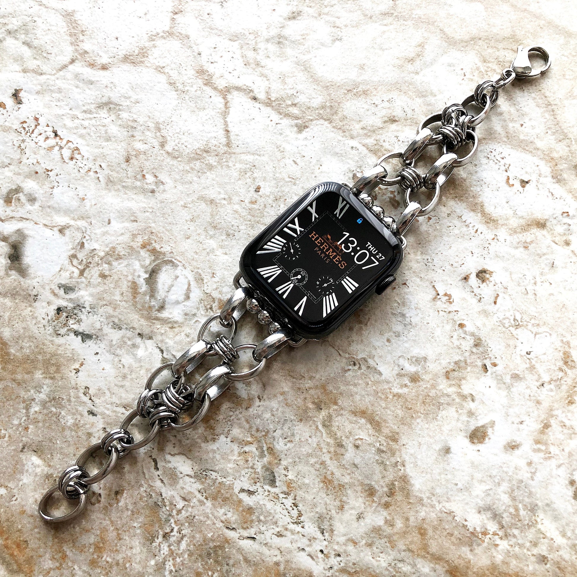 New Apple Watch Band Bracelet for iWatch Ultra 2 49mm and 9 8 Series 41mm 45mm Case Handmade Convex Stainless Steel Silver Color Strap