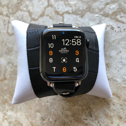 Apple Watches All Fitbit Versa 2 Ionic Black Crocodile Alligator Pattern Embossed Leather Watch Band Triple Wrap Around Wrist Bracelet Strap