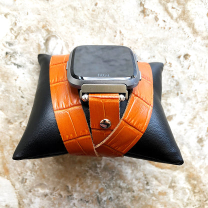 Apple Watches All Fitbit Versa 2 Ionic Brown Crocodile Alligator Pattern Embossed Leather Watch Band Triple Wrap Around Wrist Bracelet Strap