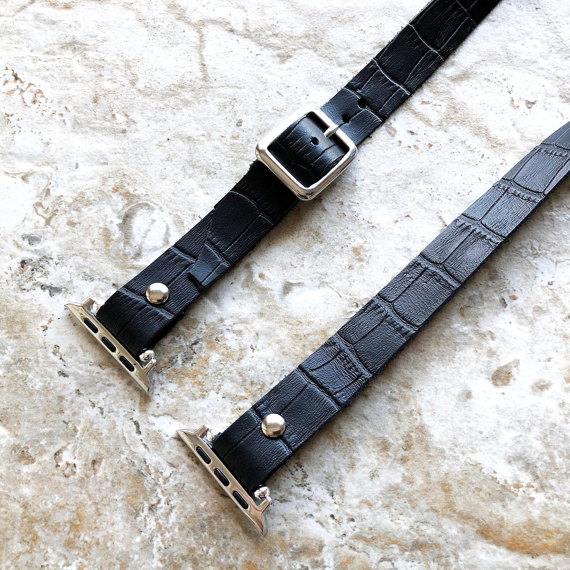 Apple Watches All Fitbit Versa 2 Ionic Black Crocodile Alligator Pattern Embossed Leather Watch Band Triple Wrap Around Wrist Bracelet Strap