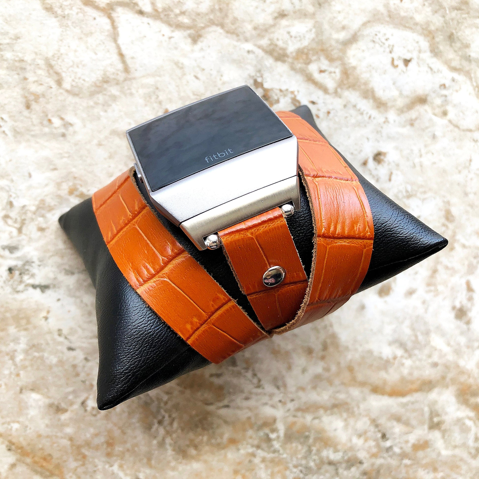 Fitbit Ionic Smartwatch Brown Crocodile Alligator Pattern Embossed Leather Bracelet Band Triple Wrap Around Wrist Strap Silver Rose Gold