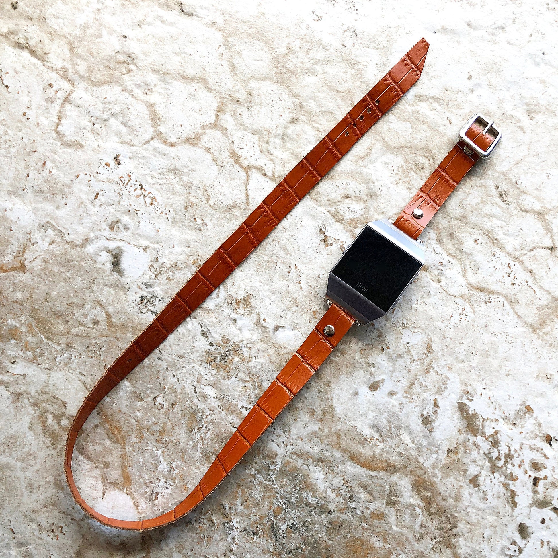Fitbit Ionic Smartwatch Brown Crocodile Alligator Pattern Embossed Leather Bracelet Band Triple Wrap Around Wrist Strap Silver Rose Gold