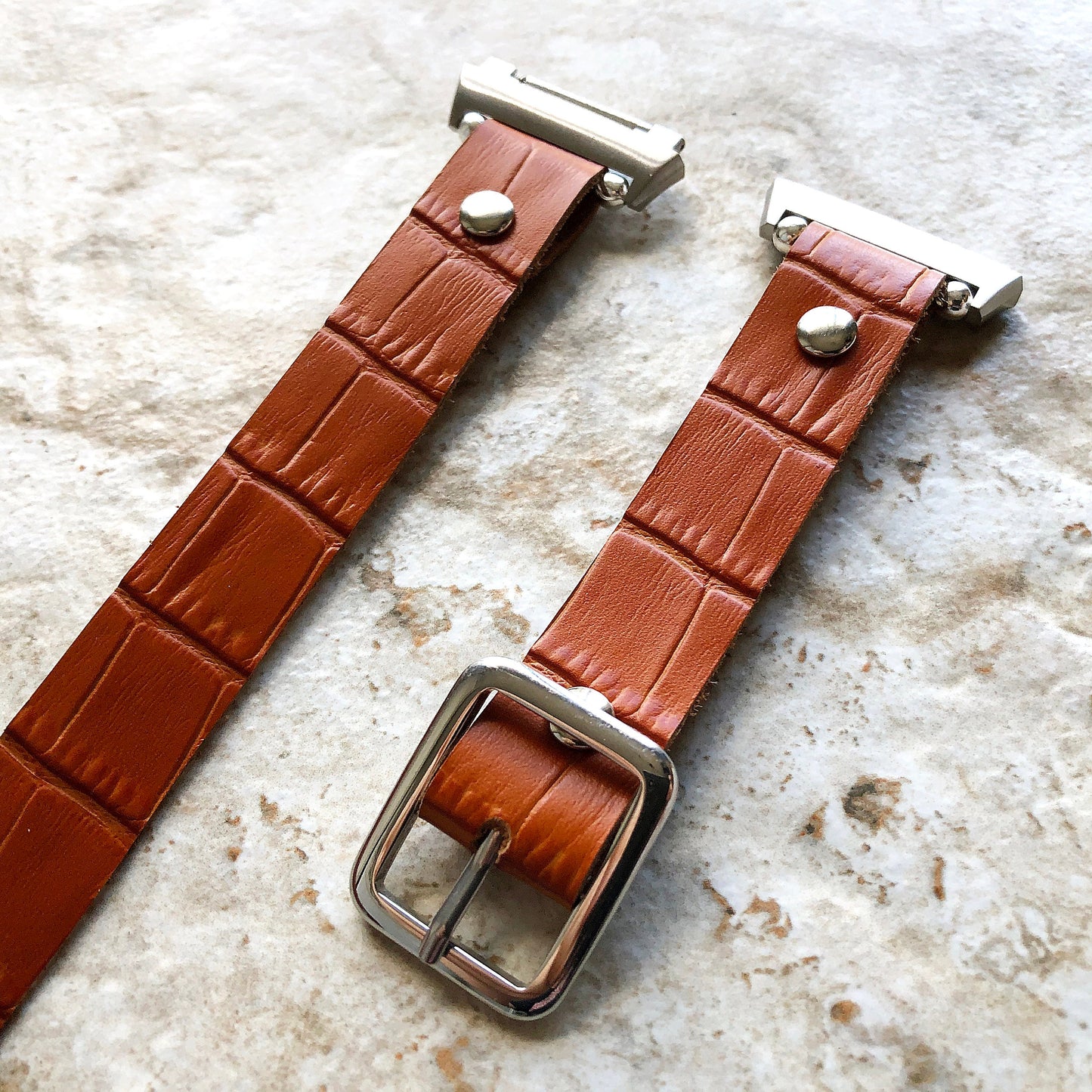 Fitbit Ionic Smartwatch Brown Crocodile Alligator Pattern Embossed Leather Bracelet Band Triple Wrap Around Wrist Strap Silver Rose Gold