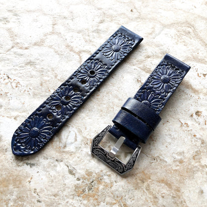 Daisy Flower Limited New Blue Band 22mm 24mm 25mm Compatible with Apple Watch Fitbit Versa 2 3 4 Sense 2 Ionic Embossed Real Leather Strap