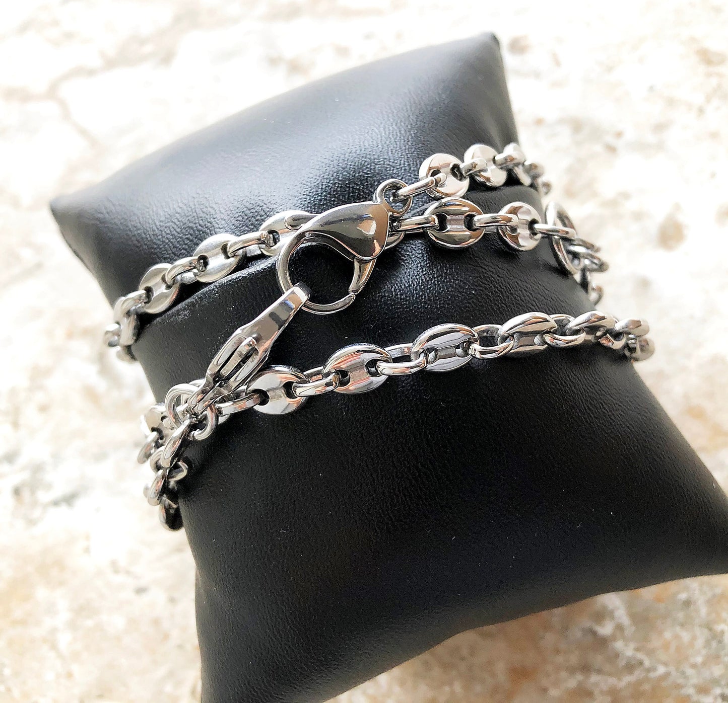 Apple Watch Band Bracelet for iWatch Ultra 2 and 9 8 Series 41mm 45mm 49mm Case Coffee Bean 5mm Chain Links Silver Stainless Steel Strap