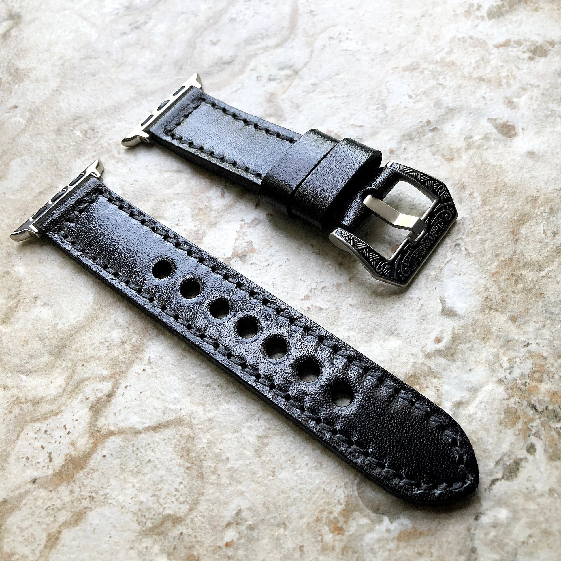 Apple Watch Black Band for iWatch Ultra 2 49mm and 9 8 Series 41mm 45mm Case Fully Stitched Handmade Durable Leather Strap Bracelet