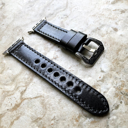Apple Watch Black Band for iWatch Ultra 2 49mm and 9 8 Series 41mm 45mm Case Fully Stitched Handmade Durable Leather Strap Bracelet