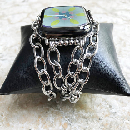 Apple Watch Band for iWatch Ultra 2 and 9 8 Series Silver St Steel 41mm 45mm 49mm Case Bracelet Chain Links Handmade Jewelry Strap - N30