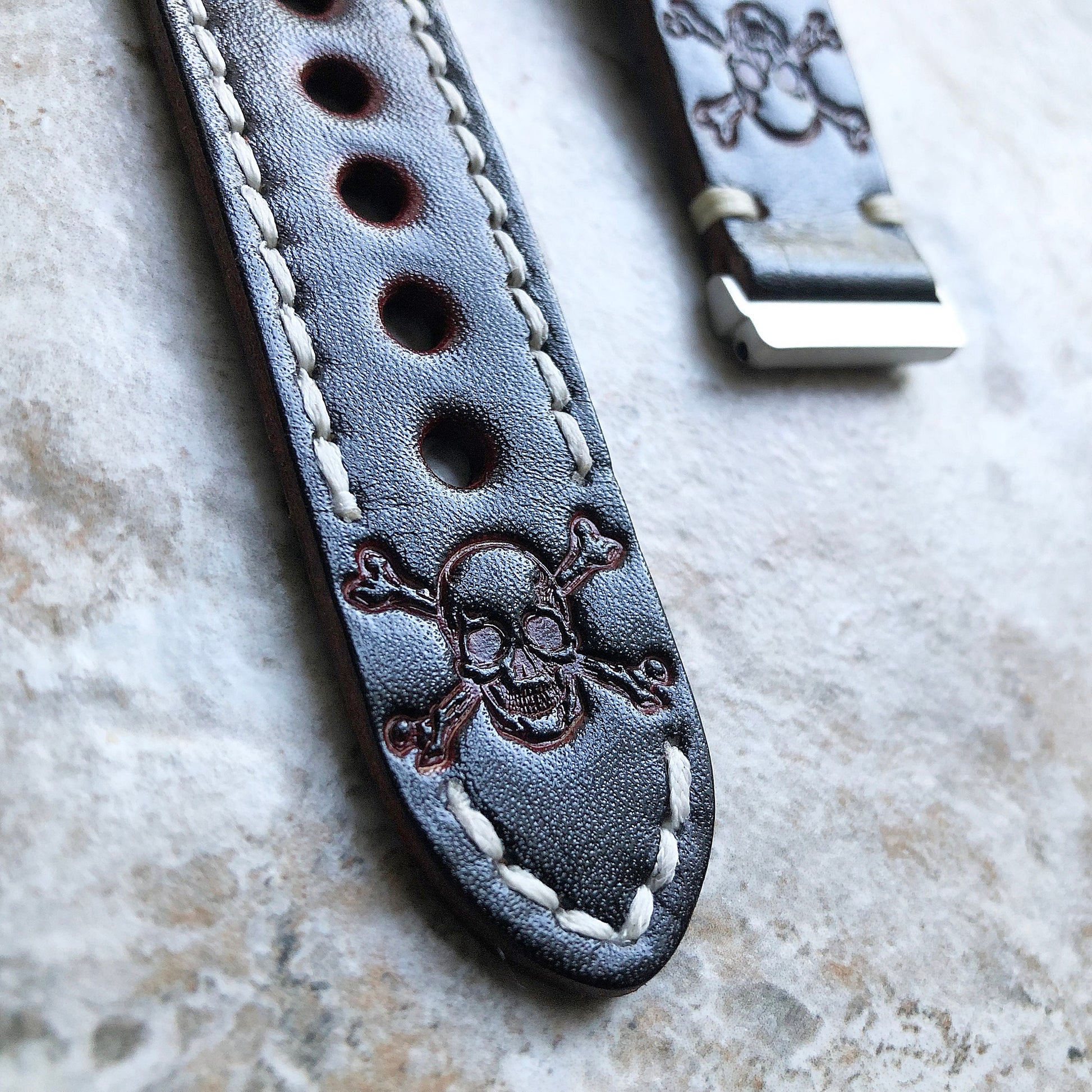 Fitbit Versa 2 3 4 Sense 2 Band Dark Brown Skull Crossbones Embossed Leather Bracelet Watch Strap Quick Release Silver Rose Gold Black