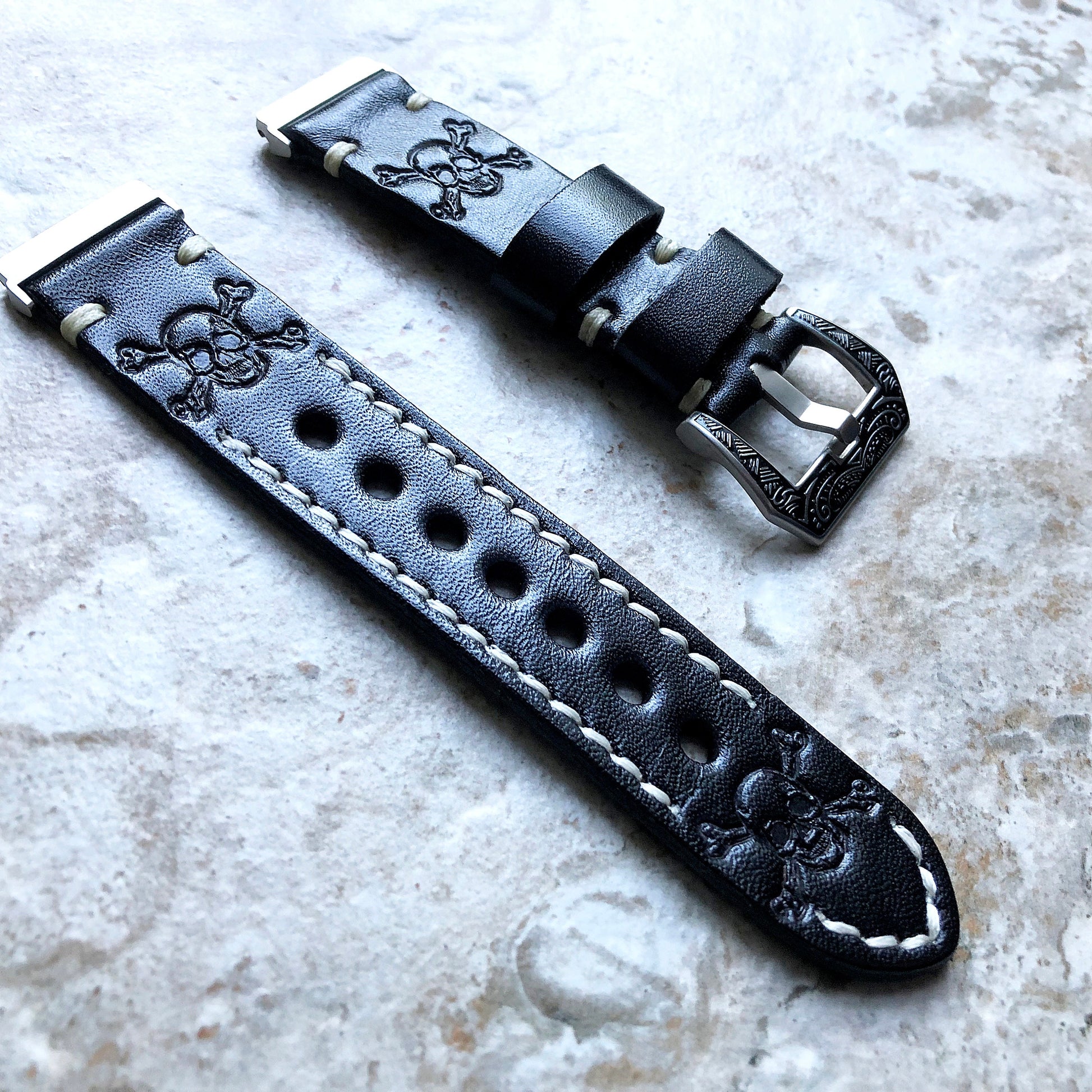 Fitbit Versa 2 3 4 Sense 2 Band Black Skull Crossbones Tooled Embossed Leather Bracelet Watch Strap Quick Release Silver Rose Gold Black