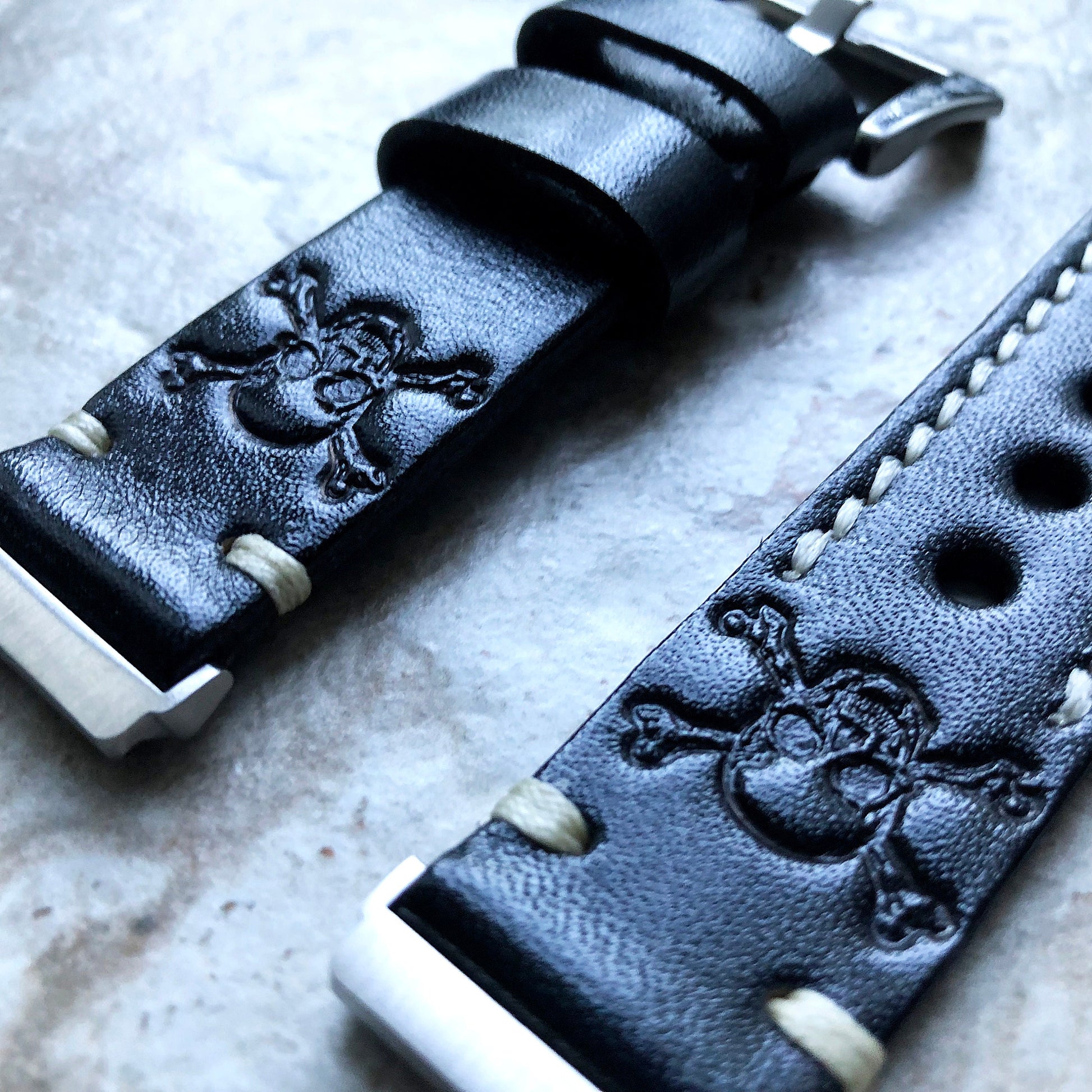 Fitbit Versa 2 3 4 Sense 2 Band Black Skull Crossbones Tooled Embossed Leather Bracelet Watch Strap Quick Release Silver Rose Gold Black