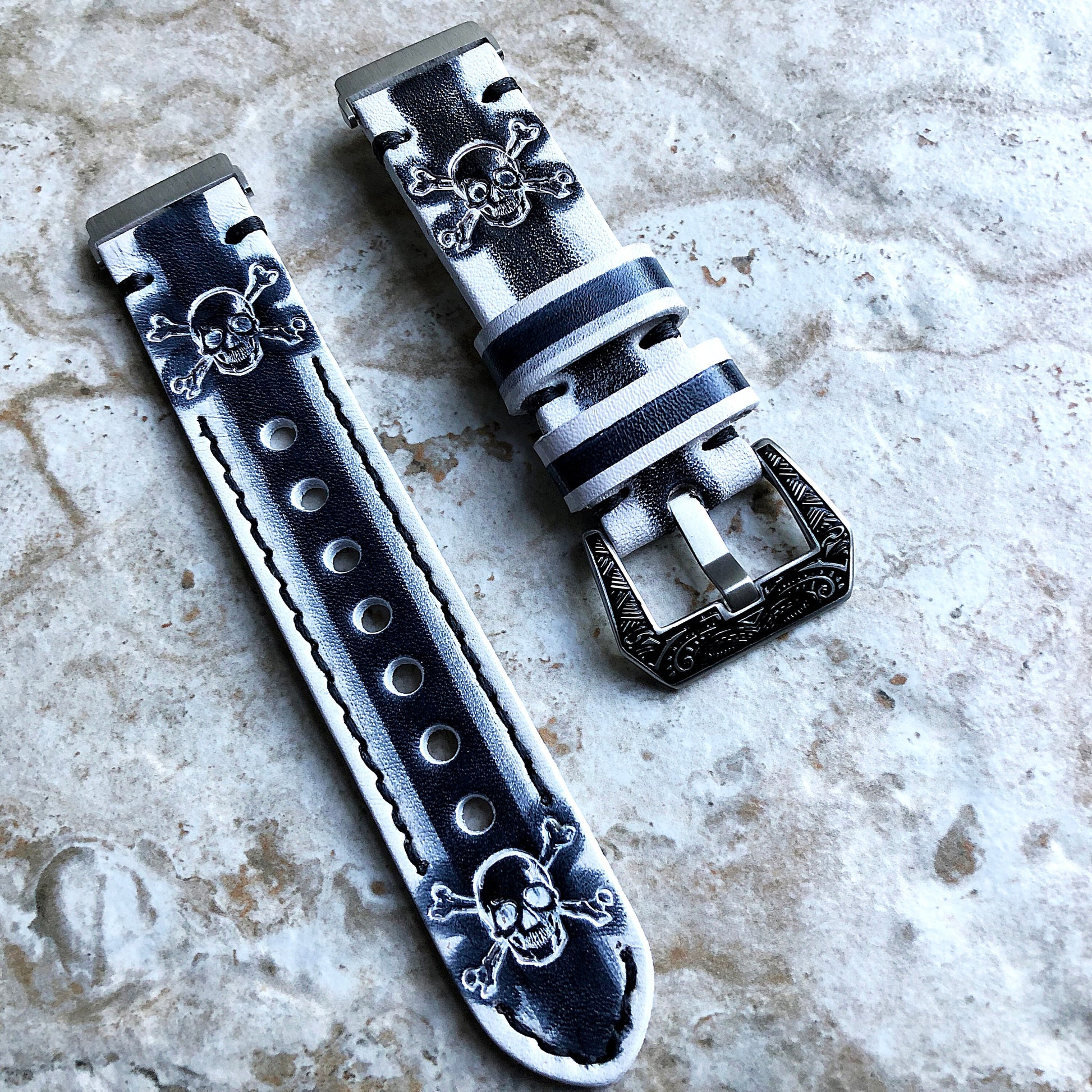 Fitbit Versa 2 3 4 Sense 2 Lite Band White Black Skull Crossbones Embossed Leather Bracelet Watch Strap Quick Release Silver Rose Gold Black